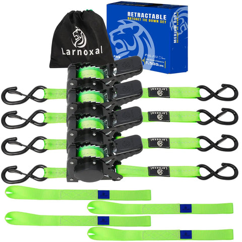 Heavy Duty Ratchet Straps One Inch By 10 Feet Four Pack Green 1500 Lb with hooks and storage bag for secure loading.