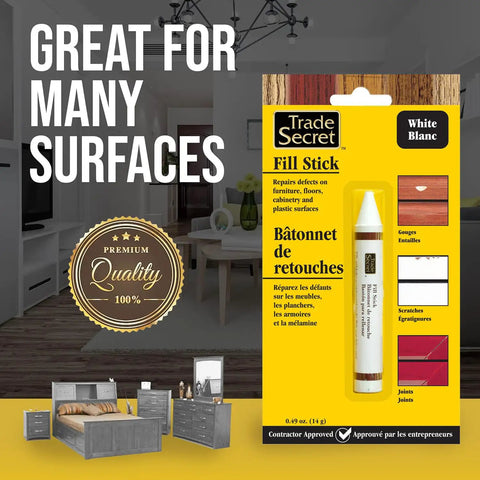 Packaging of White Wood Scratch Repair Fill Stick for quick touch ups on furniture, cabinets, hardwood floors and more.