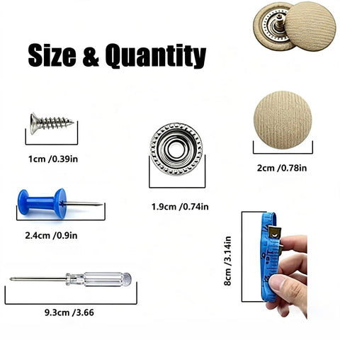 15 Pack Car Headliner Repair Kit With 42 Pcs Roof Liner Clips And Screws Sagging Headliner Fix No Fuss Do It Yourself Vehicle Interior Repair Accessories With Installation Tool size chart with clips, screws, buttons, and screwdriver