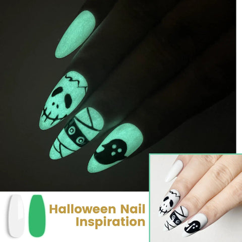 Glow In The Dark Gel Nail Polish Kit With 6 Neon Colors White Pink Green Blue Base And Top Coat Included UV Fluorescent Gel Set HEMA Free 0.25 Fl Oz Each Party Ready Night Glow Nail Art For Festivals with Halloween designs glowing in dark