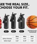 Image comparing sizes of 32oz, 40oz, and 64oz water bottles next to a standard basketball and a 20oz soda bottle.