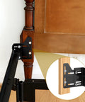 Four Pack Heavy Duty Bed Frame Brackets Adapter Kit For Headboard And Footboard Universal Adjustable Width For Queen Size Beds Easy Install No Tools Required To Connect Headboard To Frame Durable Metal Construction attached to wooden headboard.