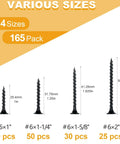 Drywall Screws Assortment Kit With Black Wood Screws For Sheetrock 165-Piece Phillips Coarse Thread Set In 4 Sizes 1 In 1-1/4 In 1-5/8 In 2 In Rust Resistant Galvanized Finish Great For Framing Picture Hanging Art And DIY Projects