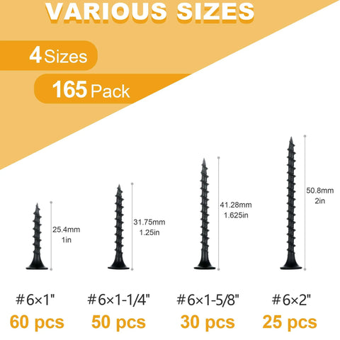 Drywall Screws Assortment Kit With Black Wood Screws For Sheetrock 165-Piece Phillips Coarse Thread Set In 4 Sizes 1 In 1-1/4 In 1-5/8 In 2 In Rust Resistant Galvanized Finish Great For Framing Picture Hanging Art And DIY Projects