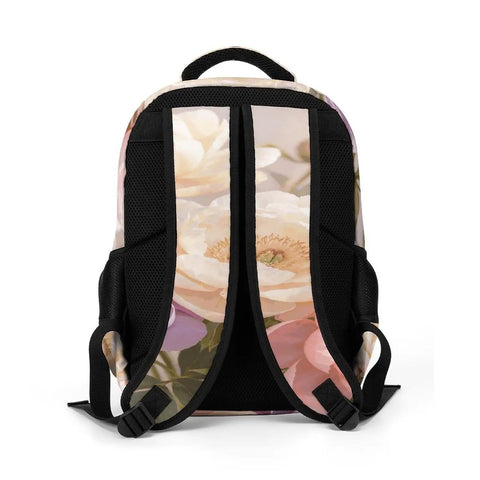 Soft Vintage Peony Bloom Printed Unisex Backpack With Large Capacity For Everyday Go To Daily Driver, rear view, sturdy straps