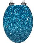 Elongated Toilet Seat Blue Glitter Resin for Bathroom showing a sparkling blue glitter surface with chrome hinges.