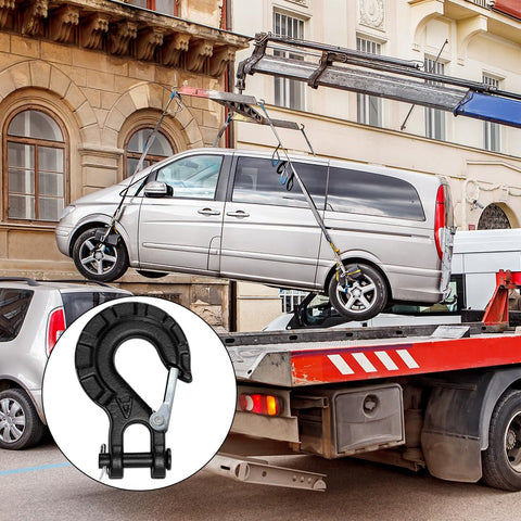 Image of a van being lifted by a tow truck using a Beefy Heavy Duty Forged Steel Clevis Slip Hook For Winch Cables And Ropes Five Sixteenth Inch Extreme Hook Black Built Tough For Mud Snow Rain And Rugged Off Road Winch Setups inset.
