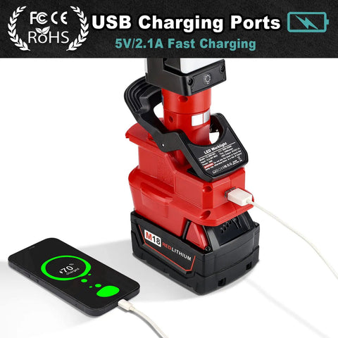 2400LM LED Work Light Clip On Light For Milwaukee M18 18V Battery with 30W Flood Beam fast charging USB port design