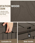 Close-up of brown 31 Gallon Resin Deck Box Waterproof Outdoor Storage showing lockable lid, side handle, and imitation wood texture.