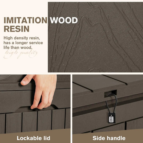 Close-up of brown 31 Gallon Resin Deck Box Waterproof Outdoor Storage showing lockable lid, side handle, and imitation wood texture.