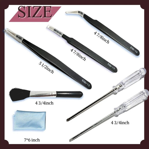 Close-up of Gundam Model Tool Kit 28pcs Adult Hobby Tools Set for precision tasks with tweezers, screwdrivers, brush, and cloth