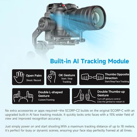 AI 4.0 Tracking Gimbal Stabilizer For Cameras And Mirrorless Gear, No App Needed Auto Tracks Faces Up To 59 Feet with gesture icons