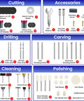 Detailed view of 652 Piece Rotary Tool Accessory Kit for Dremel and Compatible Brands with cutting, drilling, carving tools.