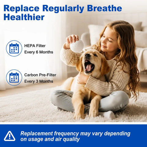 Child playing with dog, highlighting Replacement HEPA Filter For Holmes And Bionaire Vacs 2 Pack use for cleaner air