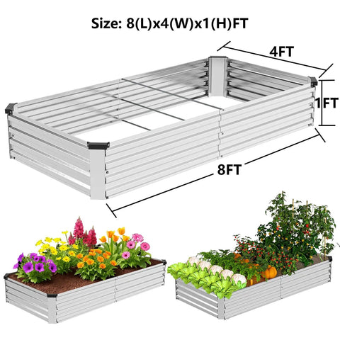 2 Pack 8 By 4 By 1 Foot Durable Galvanized Metal Raised Garden Bed Kit For Vegetables And Herbs Open Bottom Large Capacity Outdoor Planter Box With Stakes Silver in various setups with flowers and vegetables.