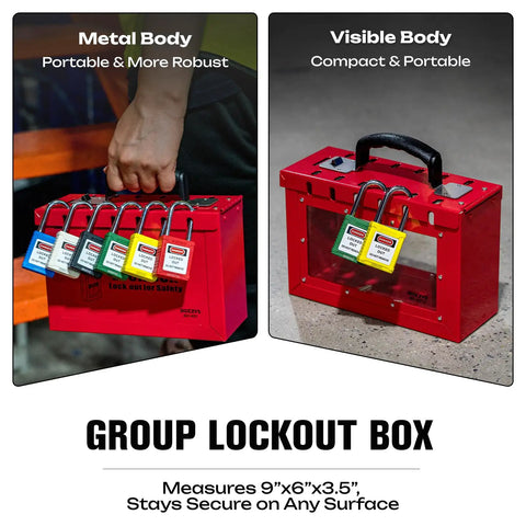 Workhorse OSHA Compliant Lockout Tagout Box Rugged Red Steel Padlock Holder With Carry Handle For Team Maintenance Jobs Locks Down Power Sources Tight And Keeps The Crew Secure