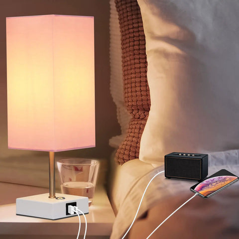Pink Touch Control Table Lamp With 3 Way Dimmable Brightness And USB A And USB C Ports, White Base Modern Nightstand Light