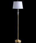 61 Inch Brass Gold Crystal LED Floor Lamp With White Linen Drum Shade shown against a dark background.