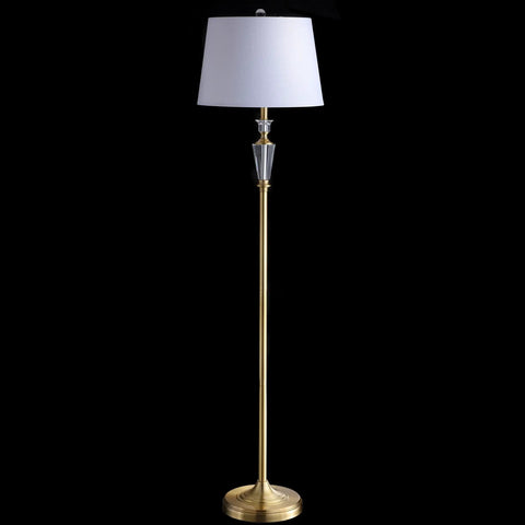 61 Inch Brass Gold Crystal LED Floor Lamp With White Linen Drum Shade shown against a dark background.