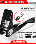 Heavy Duty 8 Pack Ratchet Tie Down Straps 1 Inch by 10 Feet with S hooks for secure hauling of motorcycles and kayaks.