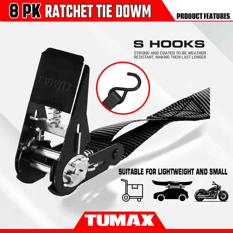Heavy Duty 8 Pack Ratchet Tie Down Straps 1 Inch by 10 Feet with S hooks for secure hauling of motorcycles and kayaks.