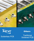 Comparison of Solderless PCB and Traditional Soldered PCB showing different terminal connections and design features.