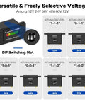 Front view of BM210 battery monitor in black housing with blue LED display and DIP switch slot