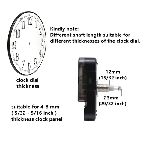 Beefy High Torque Clock Movement Kit With Long Shaft And 12 Inch Spade Hands shown with clock face and shaft measurements.