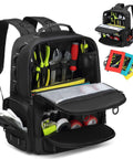 Heavy Duty Tool Backpack With Large Interior And Three Pouches For Electricians HVAC Techs Construction Pros And Handymen Pro Grade Tool Organizer Bag Worksite Ready showcasing multiple compartments filled with tools.