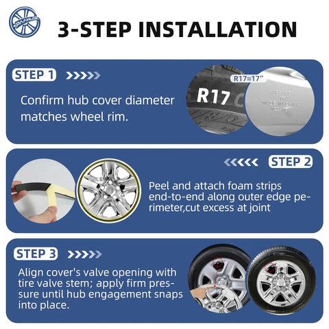 3-step installation guide for Chrome Silver 17 Inch Wheel Skins For Toyota RAV4 2006 To 2012 Snap On Rim Covers.