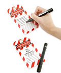 Writing on writable tags included in Pro Grade Lockout Tagout Station Kit With LOTO Tools For Industrial Safety.
