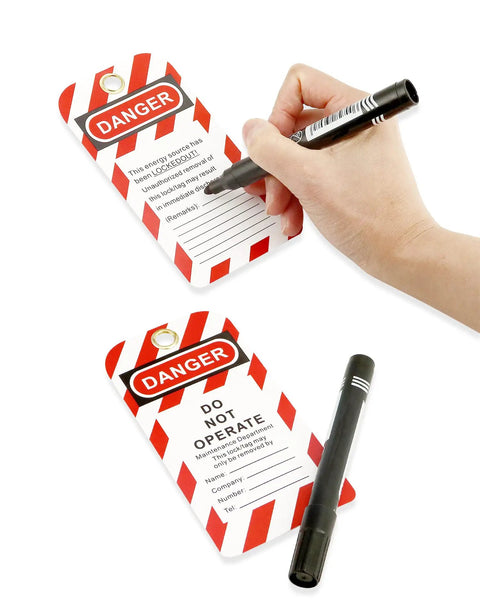 Writing on writable tags included in Pro Grade Lockout Tagout Station Kit With LOTO Tools For Industrial Safety.