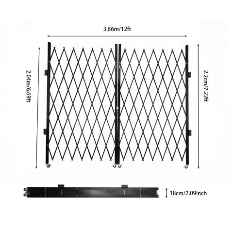 Heavy Duty Double Folding Security Gate Built Like A Tank For Garage And Warehouse With Rock Solid Expandable Metal Scissor Design And Four Lockable Rolling Casters, 12ft width, black iron steel.