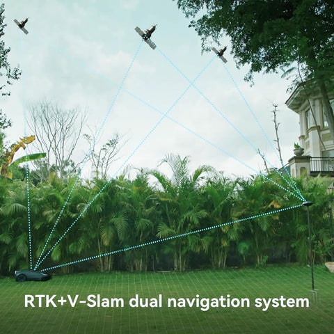 Robot Lawn Mower With RTK And Vision Navigation For Ultra Precise Home Lawn Care Up To 2000 Sq M Virtual Boundaries Multi Zone Management App Control Smart Obstacle Avoidance Fully Automatic Mowing using RTK+V Slam system