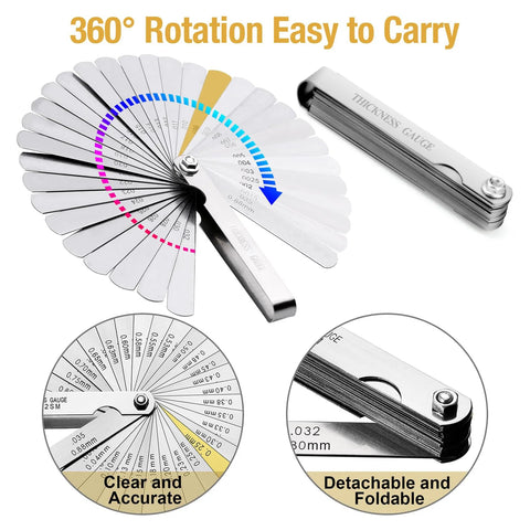 Universal piston ring squaring tool with 32-blade feeler gauge for 2–5 inch bores; foldable metal construction, Amazon.