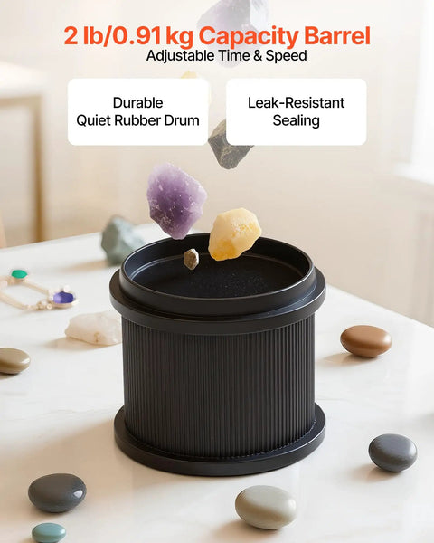 Rock Tumbler Kit With 2 Lb Capacity And 4 Speed Settings 1 To 9 Day Timer TPU Drum shown with gemstones and rubber drum