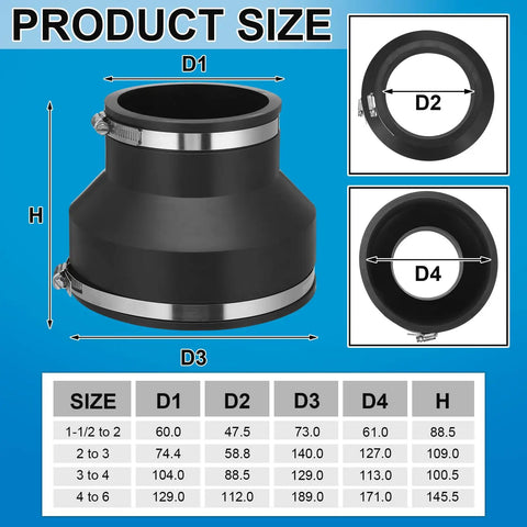 2 Pack Flexible PVC Reducing Pipe Couplings 6 Inch To 4 Inch With Stainless Steel Clamps For DWV Pipes Universal Fit Fits Cast Iron Plastic Copper Steel DIY Friendly No Sweat Install black reducer coupling size chart with clamps