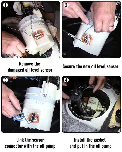 Step-by-step installation guide for oil level sensor replacement, showing hands-on process in vehicle interior.