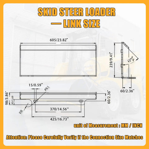 Technical diagram of skid steer loader link size in mm and inches, showing dimensions for Heavy Duty Skid Steer Loader Attachment Digger Hoe
