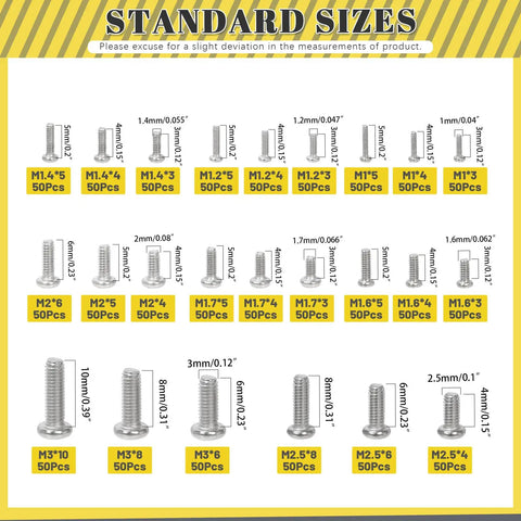 Image of 1200 Piece Metric Micro Screw Kit With Phillips Pan Head Carbon Steel Hardware Assortment For Eyeglasses Watch And Cell Phone Repair offering various screw sizes.