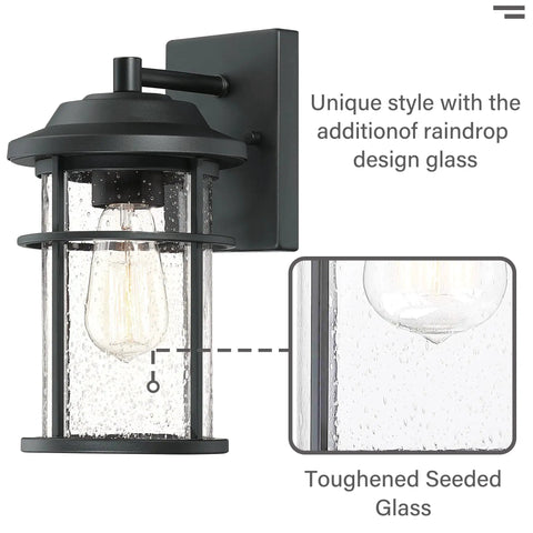 Modern Outdoor Wall Light With Seeded Glass Shade, waterproof anti rust black exterior sconce, E26 socket detail view.