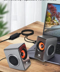 12W Mini Desktop Computer Speakers With Volume Control, USB Powered Laptop Sound Bar connected to laptop on desk