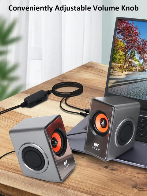 12W Mini Desktop Computer Speakers With Volume Control, USB Powered Laptop Sound Bar connected to laptop on desk