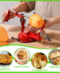 Heavy Duty Apple Peeler Corer Slicer With Hella Tough Stainless Steel Blades and Killer Chrome Construction for apples in use, red suction base.