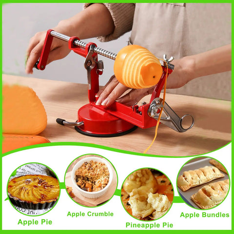 Heavy Duty Apple Peeler Corer Slicer With Hella Tough Stainless Steel Blades and Killer Chrome Construction for apples in use, red suction base.
