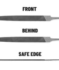6-inch flat file with double-cut teeth, medium cut, high-carbon steel, handleless, front view
6-inch flat file with double-cut teeth, medium cut, high-carbon steel, handleless, back view
6-inch flat file with safe edge, high-carbon steel, handleless, edge view