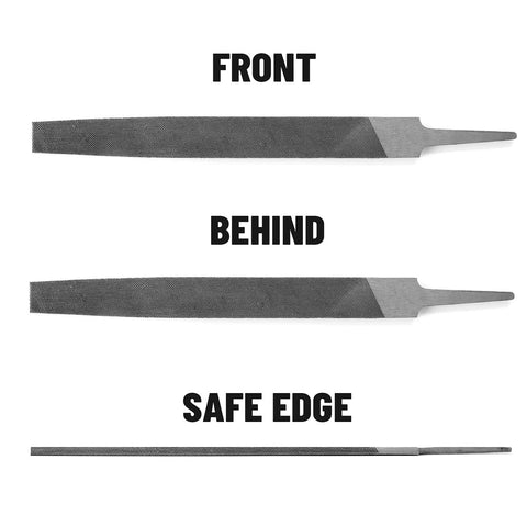 6-inch flat file with double-cut teeth, medium cut, high-carbon steel, handleless, front view
6-inch flat file with double-cut teeth, medium cut, high-carbon steel, handleless, back view
6-inch flat file with safe edge, high-carbon steel, handleless, edge view