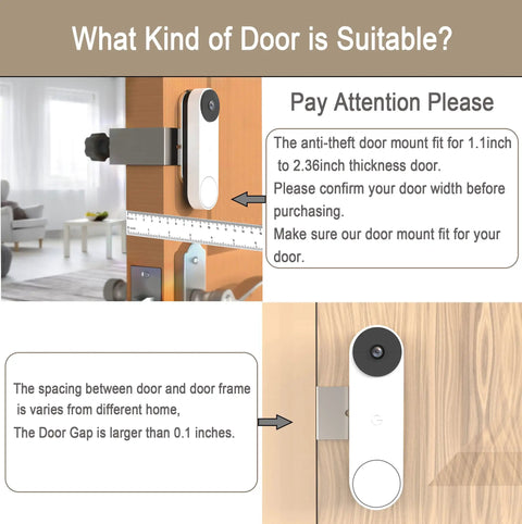Anti Theft Doorbell Mount For Google Nest Battery Doorbell No Drill Rustproof Metal Mount For Home Apartment Office Keeps Sensor Clear Fits Inward Swing Doors 1.1 To 2.36 Inches Great For Rentals on door with measurement details