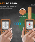Brilluxa Stud Finder, Wall Scanner Digital Detector with LCD Display for Wood Studs, Metal Pipes and Live AC Wires Behind Drywall (Yellow) in use, showing LCD display with results.