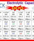 Image showing details of All In One Aluminum Electrolytic Capacitor Kit With 630 Pieces And 24 Values From 0.1uF To 1000uF And Voltage Options.